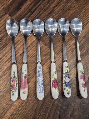 Set of 6 Floral Ceramic Handle Dessert Spoons - 6" Tea Party Set
